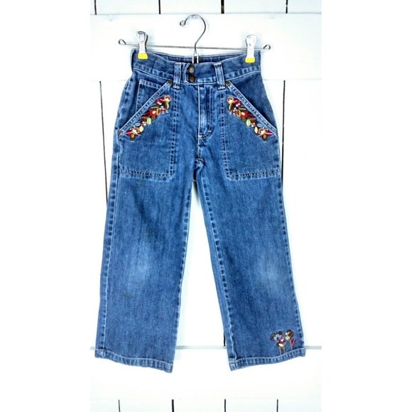Childrens loose wide leg floral embroidered blue denim jeans - 7 - Picture 3 of 4